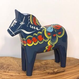 Nils Olsson Blue Dala Wood Swedish Horse 7” Inch Carved Hand Painted Vintage
